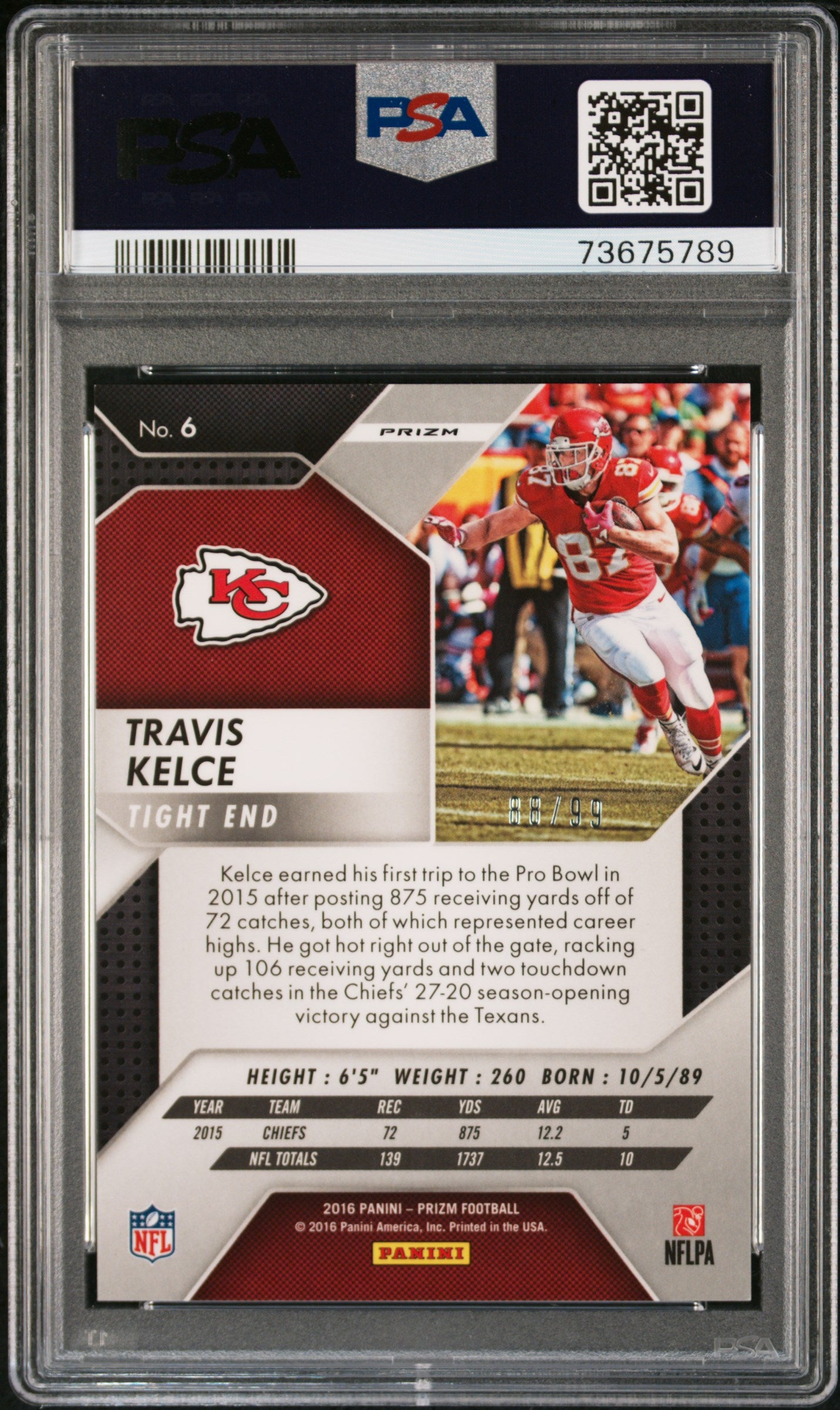 2016 Panini Prizm #6 Travis Kelce Purple Scope PSA 10