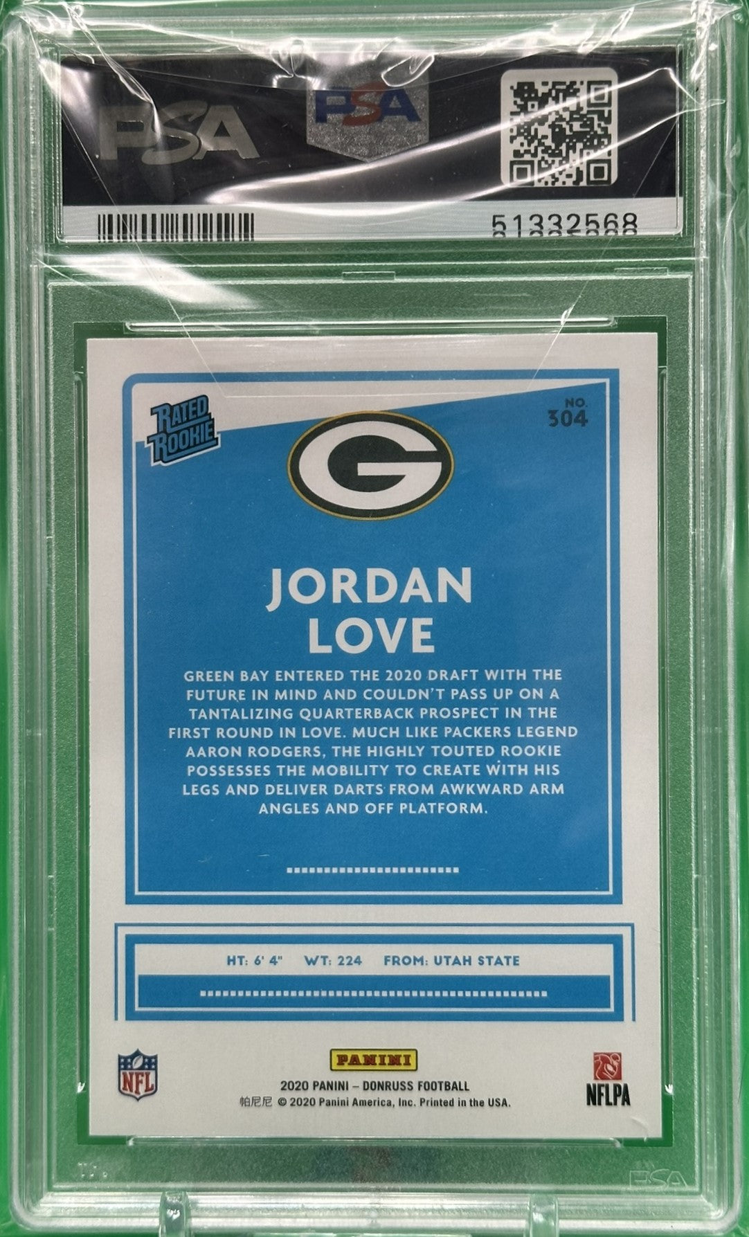 2020 Donruss Rated Rookie #304 Jordan Love Press Proof Green PSA 10