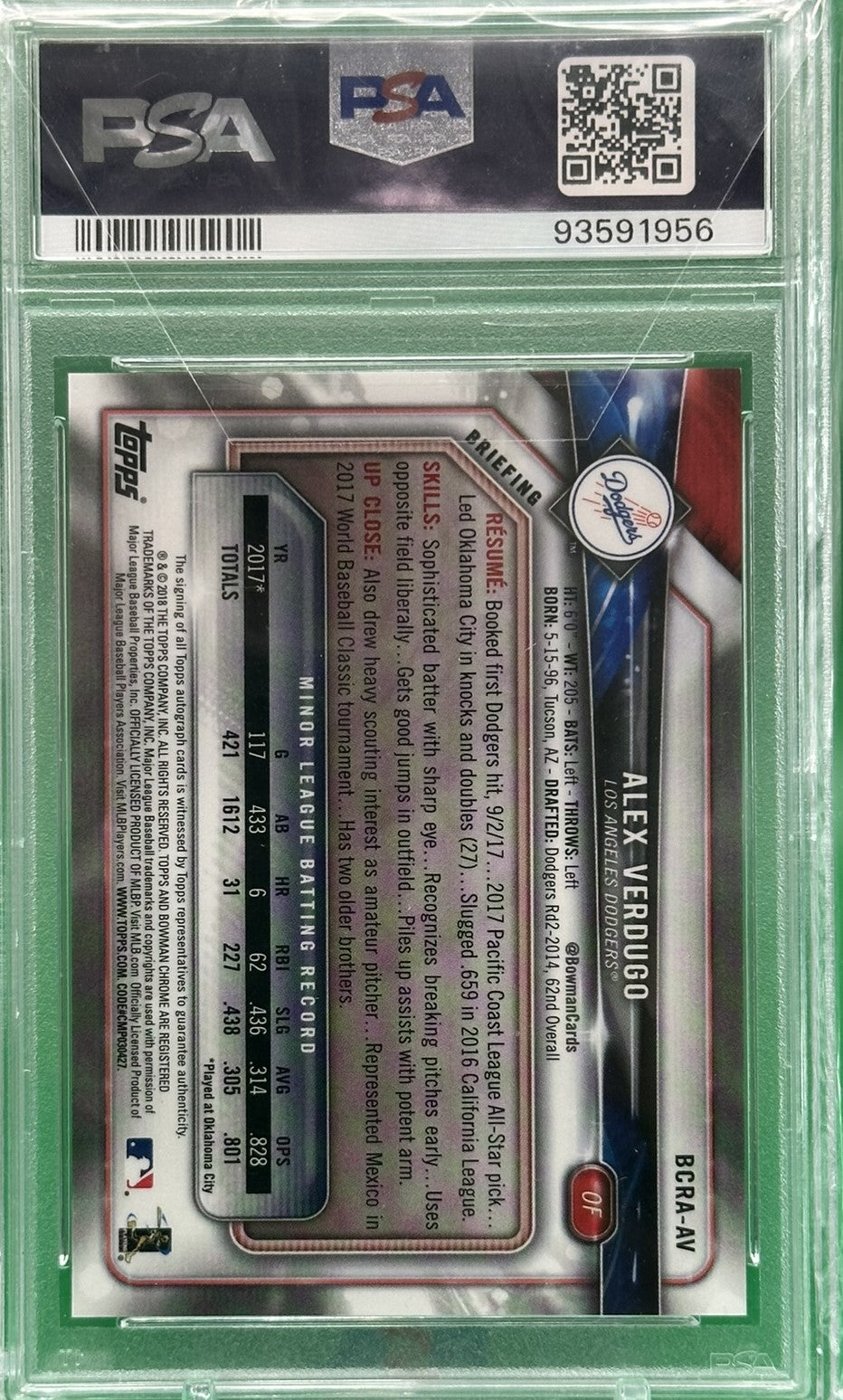 2018 Bowman Chrome #BCRAAV Alex Verdugo Auto Gold Refractor /50 PSA 10