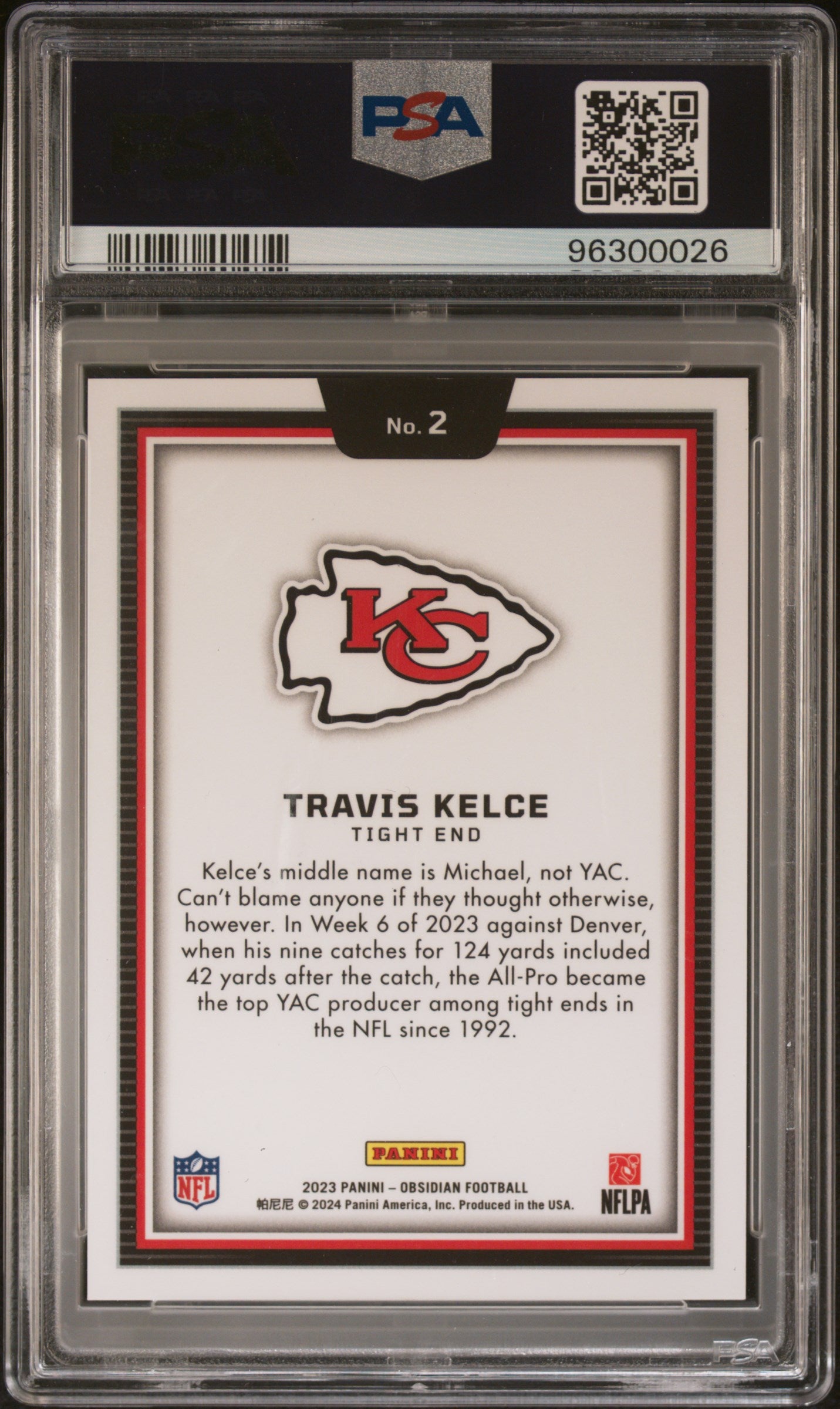 2023 Obsidian #2 Travis Kelce Black Color Blast PSA 10
