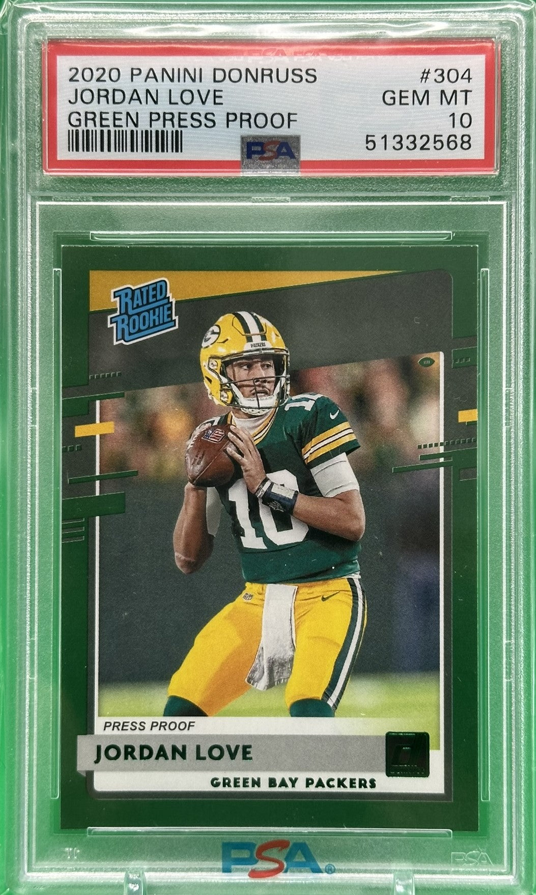 2020 Donruss Rated Rookie #304 Jordan Love Press Proof Green PSA 10