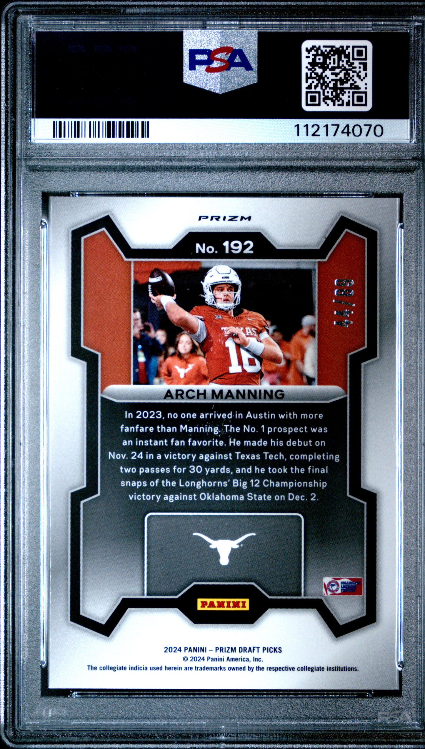 2024 Prizm Draft Picks #192 Arch Manning Blue Finite PSA 10